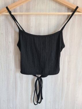 Shein Black Ribbed Crop Tank XXS Tie Front Ruffle Cami Petite Sleeveless Top